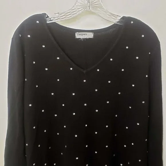 Designer Originals Women's Black Knit Scoop Neck Faux Diamond Top Sweater - Picture 2 of 11